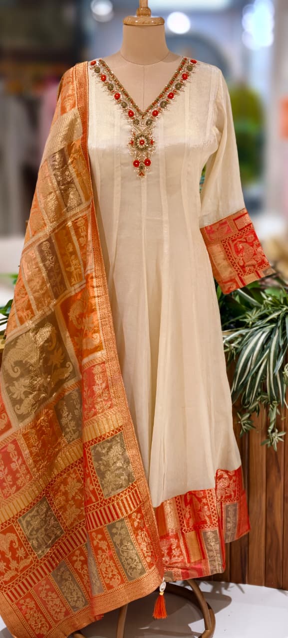 Banarasi Weavin Brocade Panel Anarkali Full Suit Set With Design Over Neck-13235