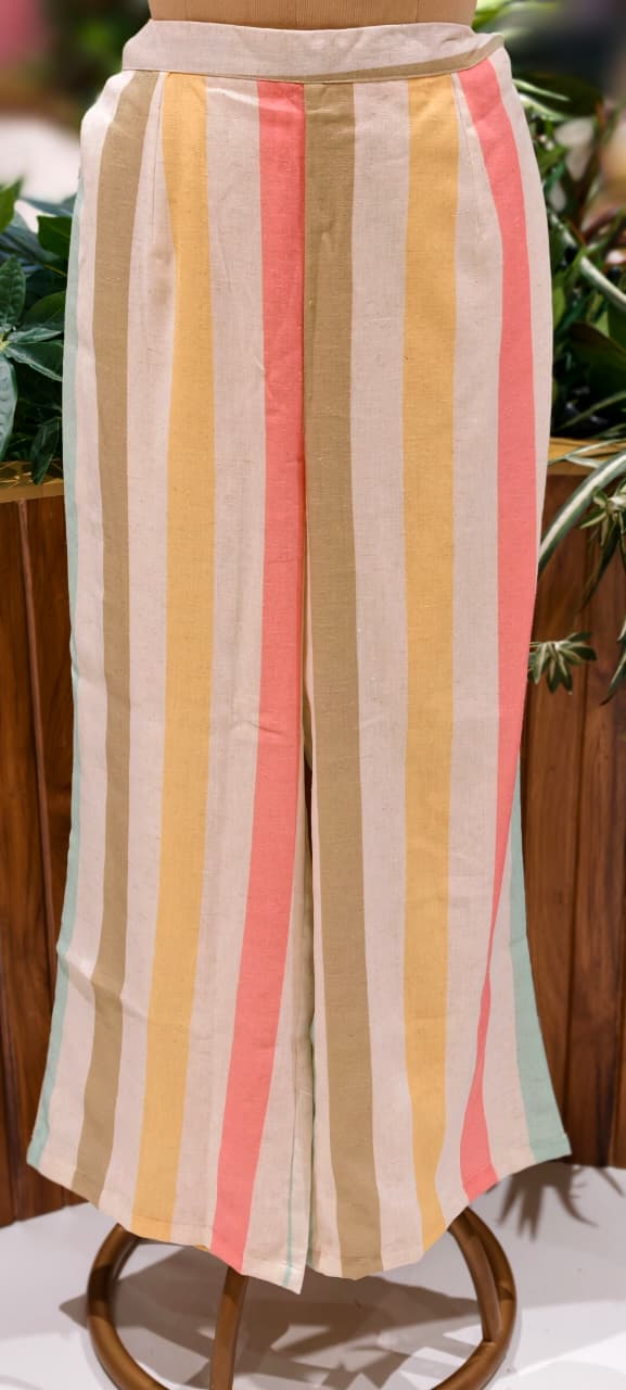 Pastel Contrasted Stripe Real Mirror Tasseled A-Line Full Suit Set With Dupatta In Linen Fabric-13234