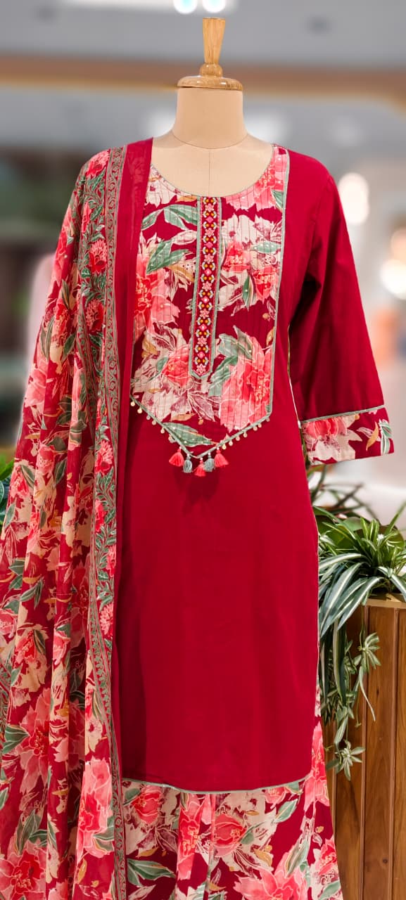 Cotton Floral Printed In Yoke Solid Sides Full Suit Set With Printed Bottom & Dupatta-13243