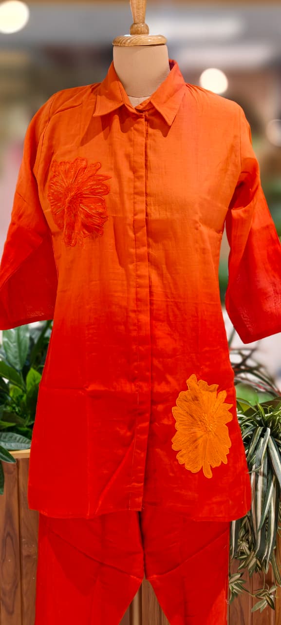 Floral Patched Look Embroidery Work Solid Ombre Shade Co-Ord Set-13270