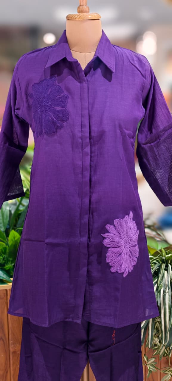 Floral Patched Look Embroidery Work Solid Ombre Shade Co-Ord Set-13270