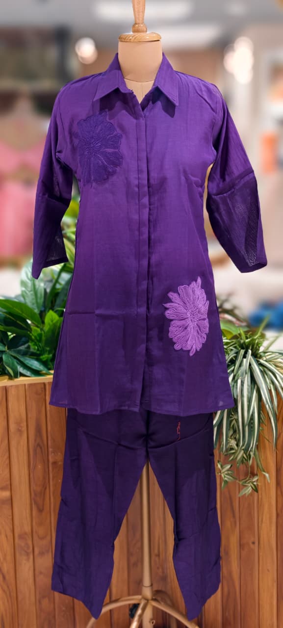 Floral Patched Look Embroidery Work Solid Ombre Shade Co-Ord Set-13270