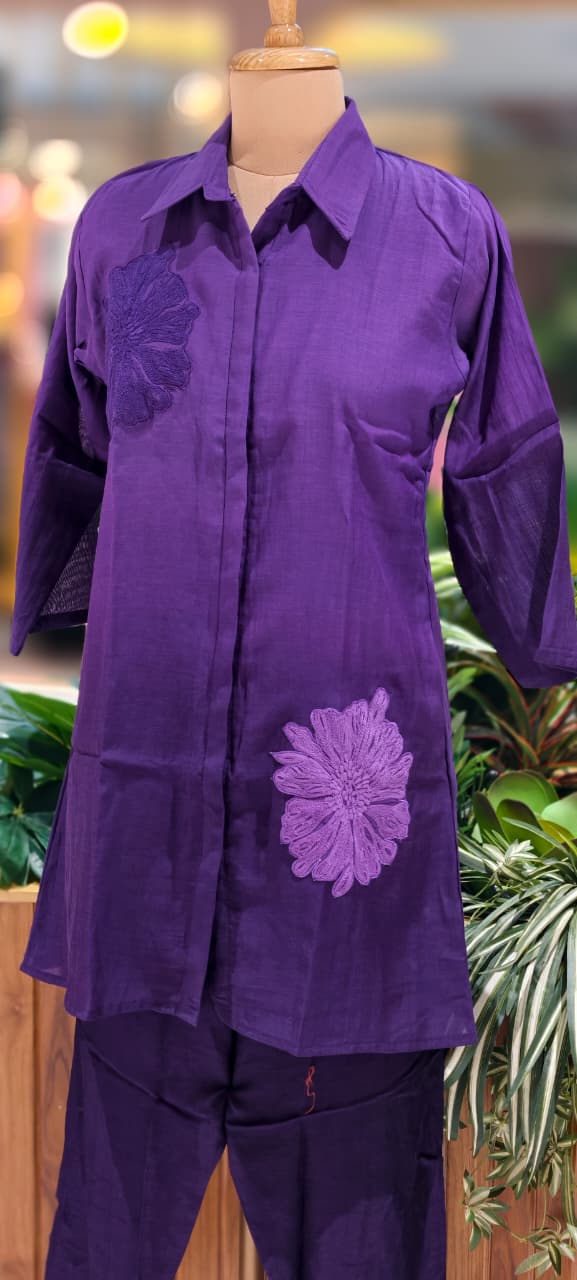 Floral Patched Look Embroidery Work Solid Ombre Shade Co-Ord Set-13270