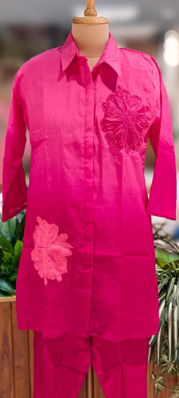 Floral Patched Look Embroidery Work Solid Ombre Shade Co-Ord Set-13270