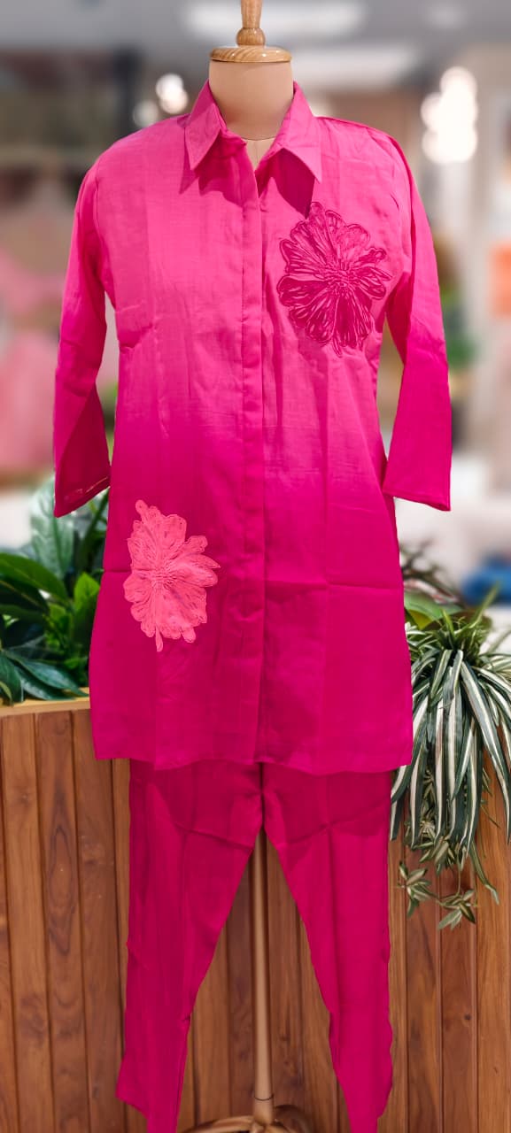 Floral Patched Look Embroidery Work Solid Ombre Shade Co-Ord Set-13270