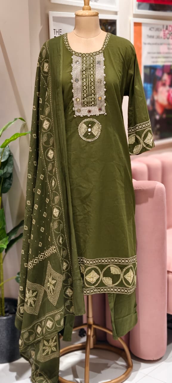 Mirror Work With Thread Embroidery & Printed Cotton Full Suit Set With Dupatta-13322