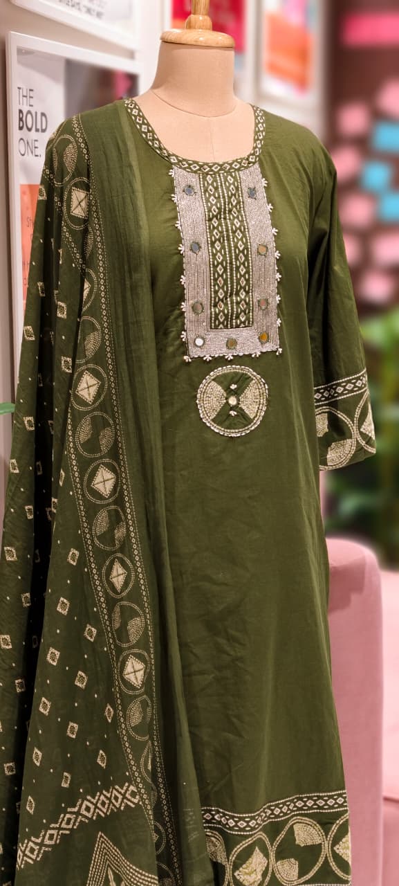 Mirror Work With Thread Embroidery & Printed Cotton Full Suit Set With Dupatta-13322