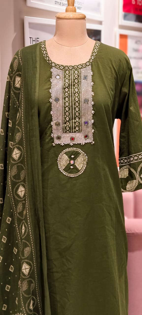 Mirror Work With Thread Embroidery & Printed Cotton Full Suit Set With Dupatta-13322