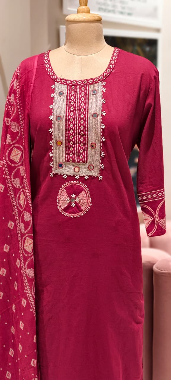 Mirror Work With Thread Embroidery & Printed Cotton Full Suit Set With Dupatta-13322