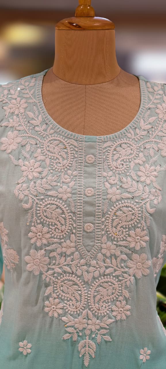 Dual Tone Pure Chikankari Work Cotton Kurti Only- 13271