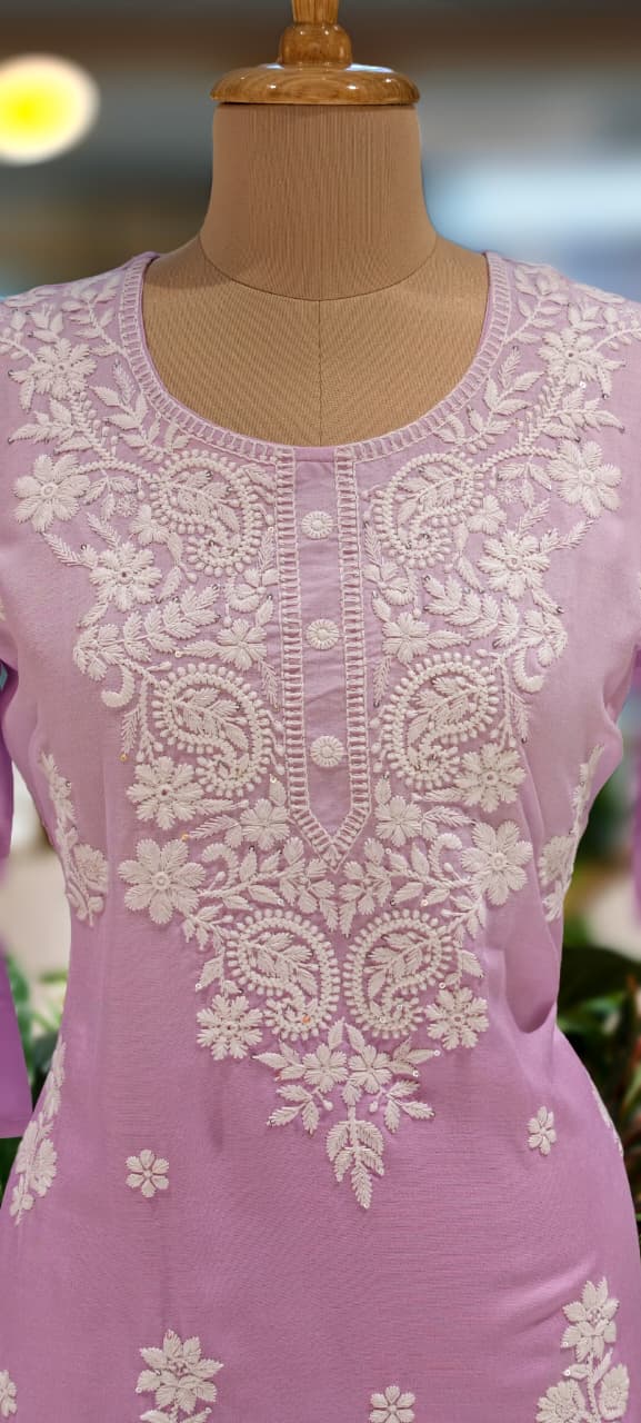 Dual Tone Pure Chikankari Work Cotton Kurti Only- 13271