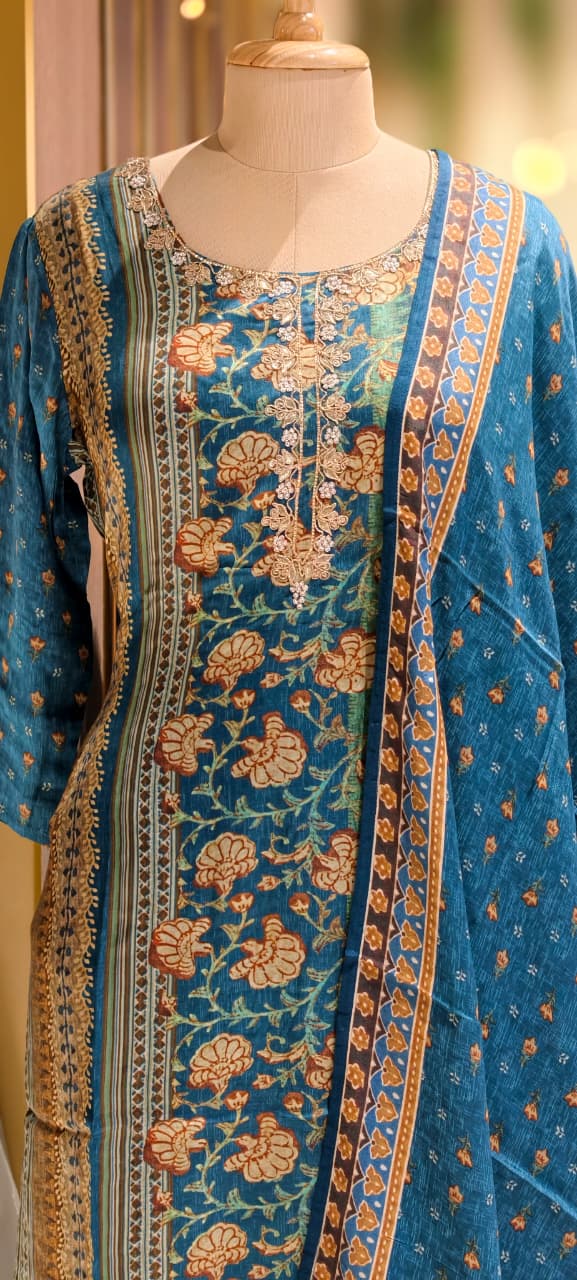 Royal Teal Olive Ajrakh Print Full Suit Set With Dupatta In Gajji Silk Fabric- 13289