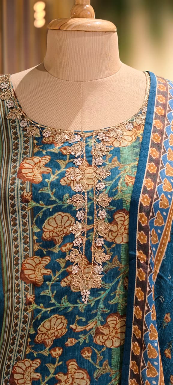 Royal Teal Olive Ajrakh Print Full Suit Set With Dupatta In Gajji Silk Fabric- 13289