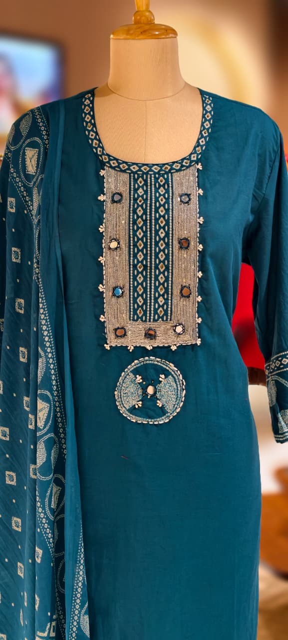 Mirror Work With Thread Embroidery & Printed Cotton Full Suit Set With Dupatta-13322