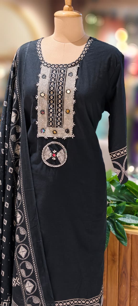 Mirror Work With Thread Embroidery & Printed Cotton Full Suit Set With Dupatta-13322