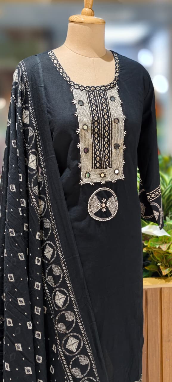 Mirror Work With Thread Embroidery & Printed Cotton Full Suit Set With Dupatta-13322