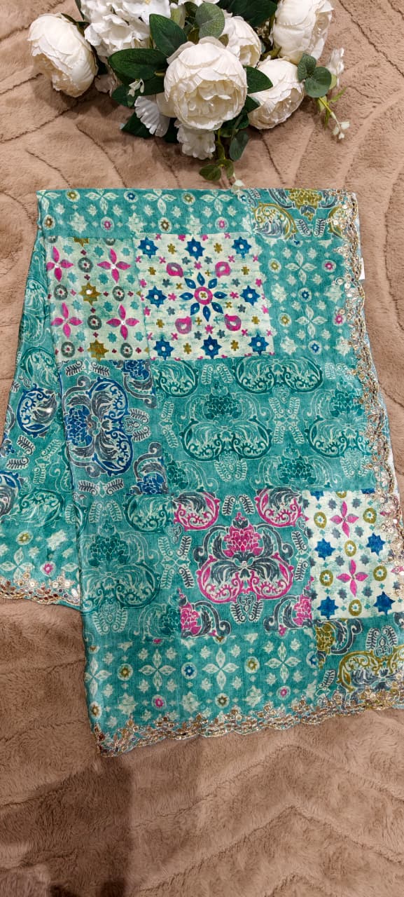 Dreamy Ethereal Aqua Multi Floral Printed Saree With Unstitched Blouse- 13343