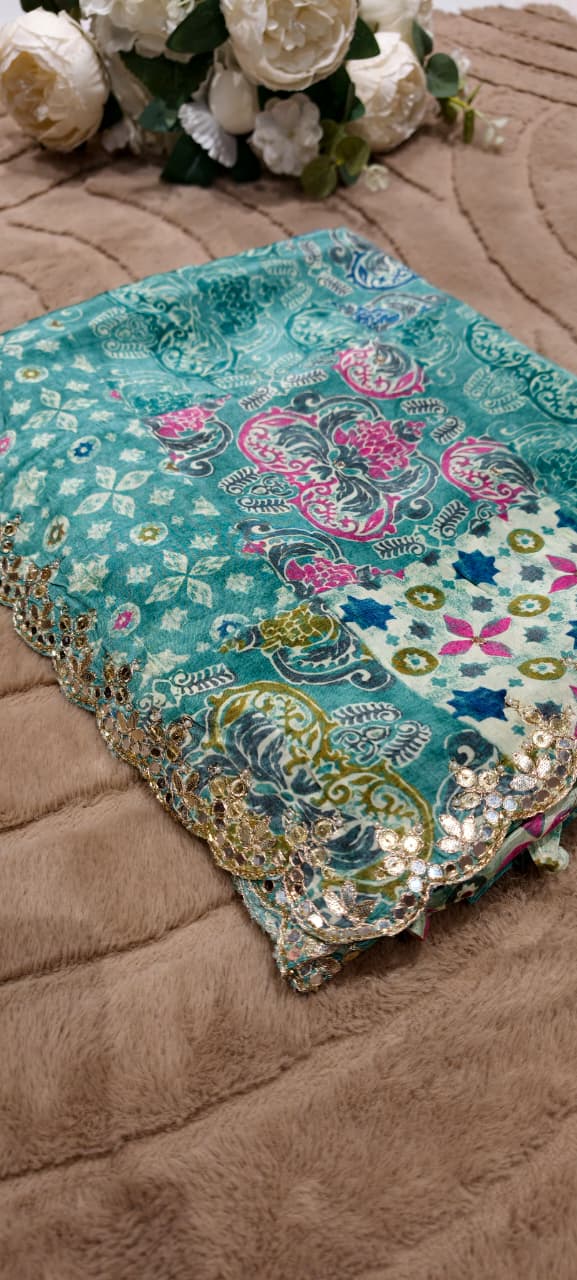 Dreamy Ethereal Aqua Multi Floral Printed Saree With Unstitched Blouse- 13343