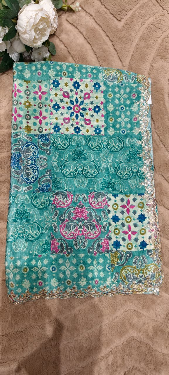 Dreamy Ethereal Aqua Multi Floral Printed Saree With Unstitched Blouse- 13343