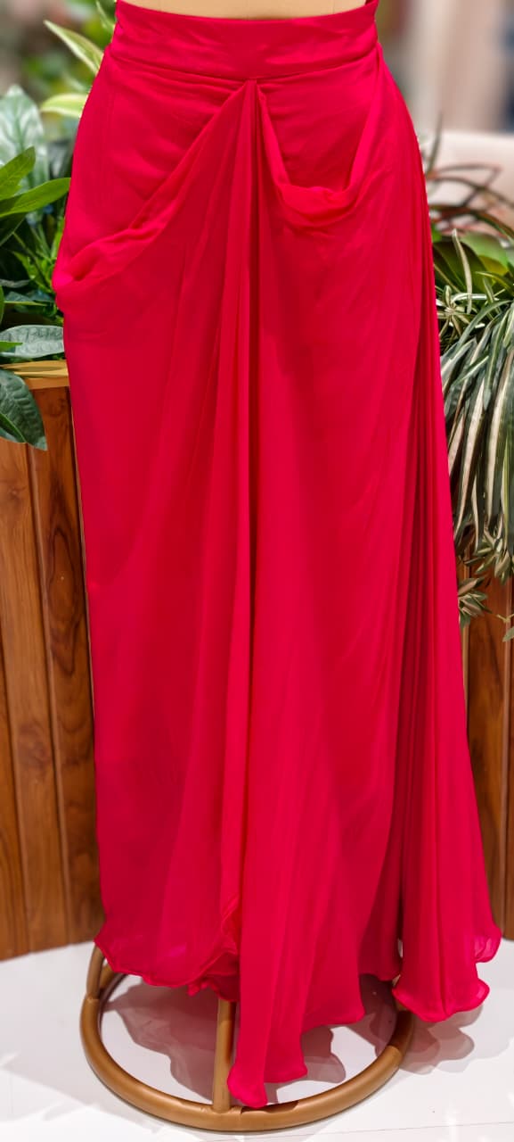 Ruby Blossom Hand-Embroidered Front Slitted Kurta With Drape Skirt Bottom In Chinon Fabric