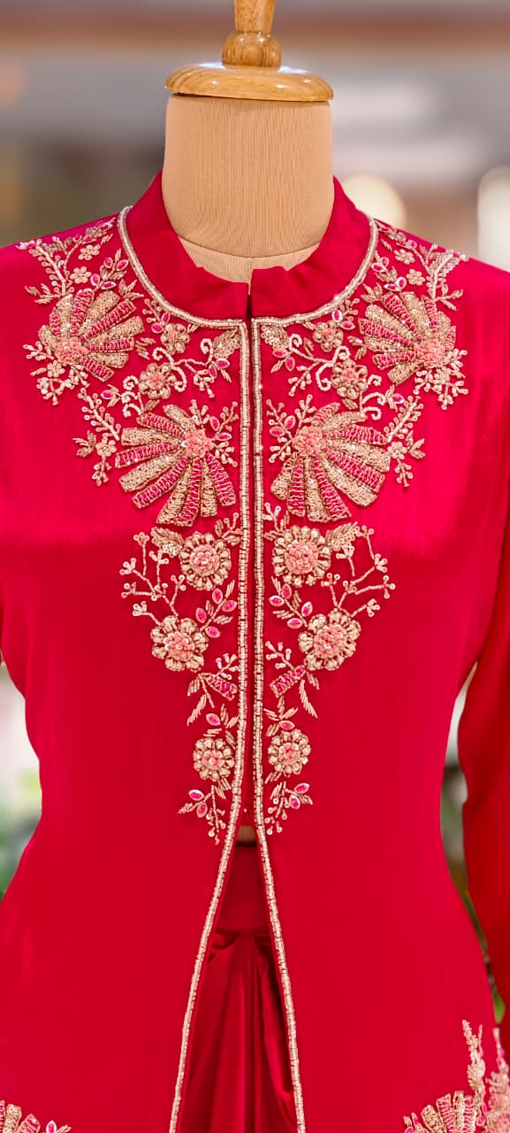 Ruby Blossom Hand-Embroidered Front Slitted Kurta With Drape Skirt Bottom In Chinon Fabric