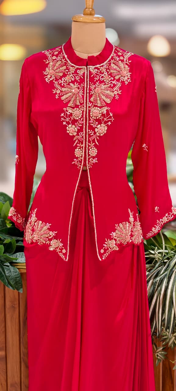 Ruby Blossom Hand-Embroidered Front Slitted Kurta With Drape Skirt Bottom In Chinon Fabric