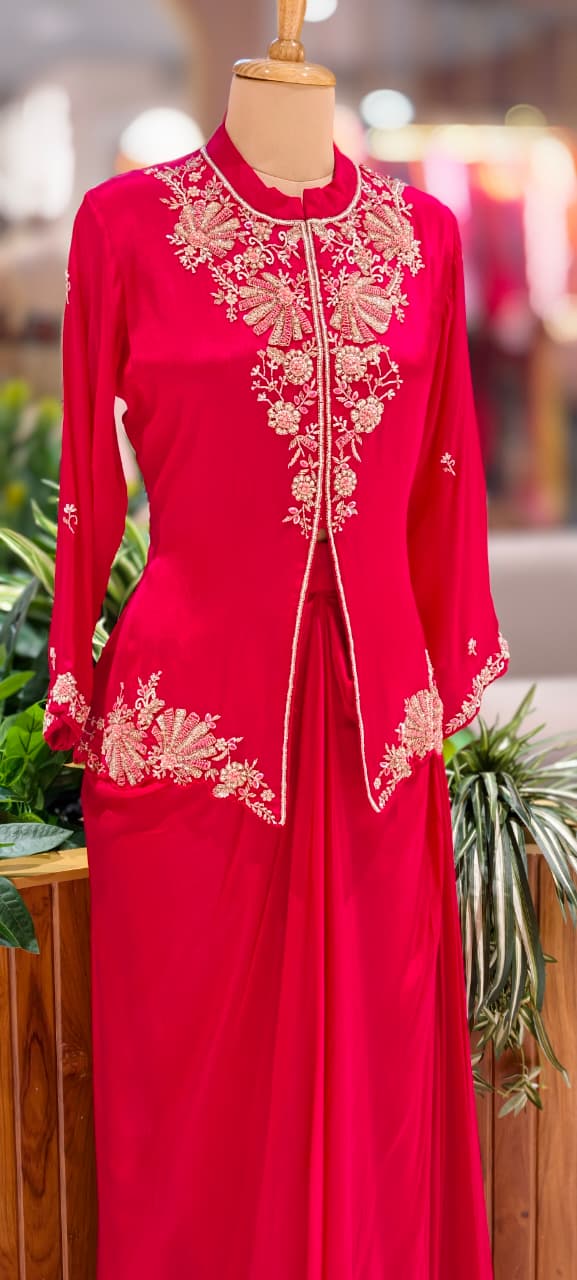 Ruby Blossom Hand-Embroidered Front Slitted Kurta With Drape Skirt Bottom In Chinon Fabric