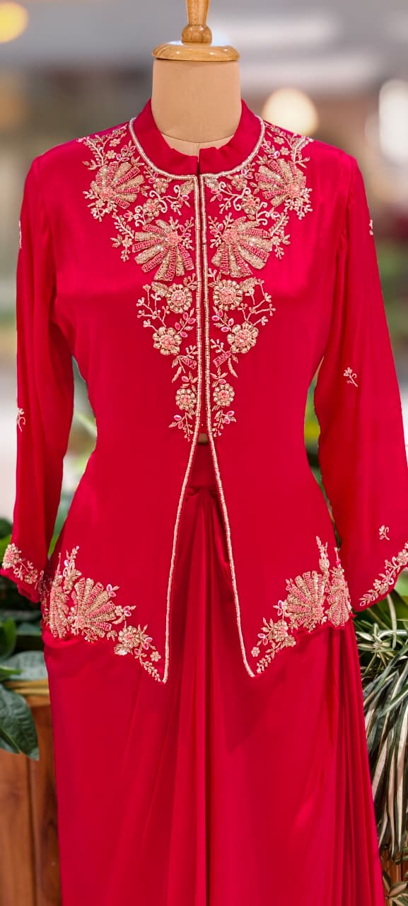 Ruby Blossom Hand-Embroidered Front Slitted Kurta With Drape Skirt Bottom In Chinon Fabric