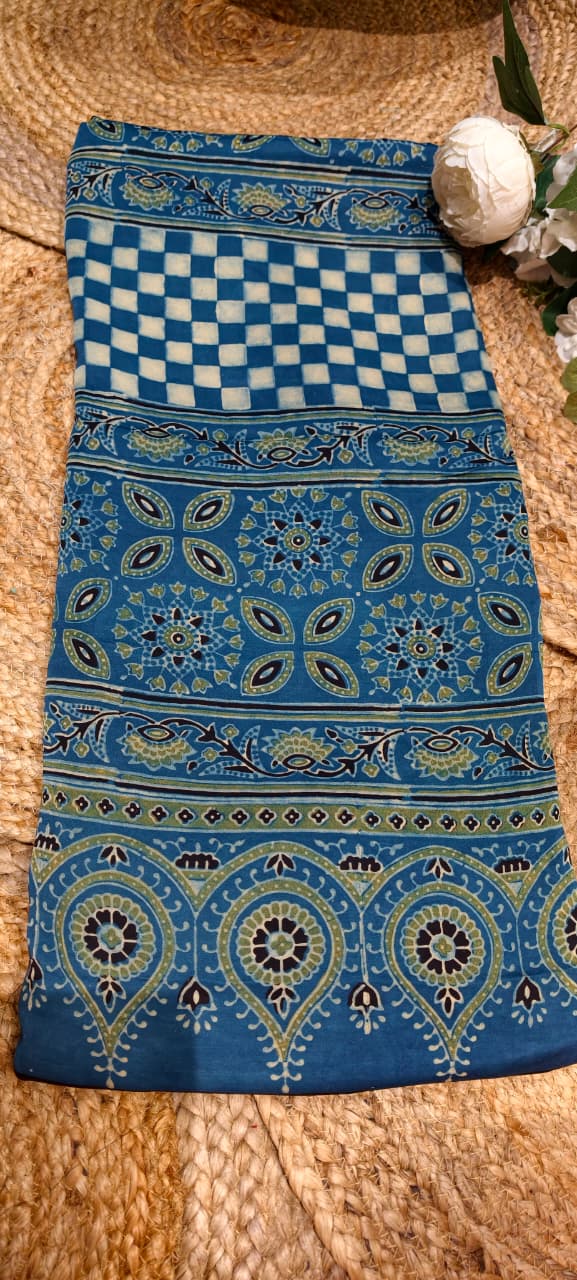 Handblock Traditional Printed Blue Elegance Saree With Unstitched Blouse- 13331