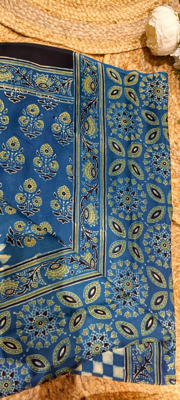 Handblock Traditional Printed Blue Elegance Saree With Unstitched Blouse- 13331