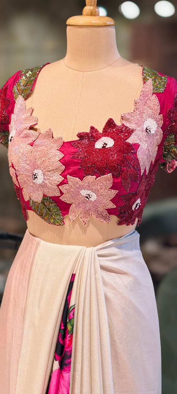 Carnival Inspired Floral Cut-Work Stitched Blouse With Digital Rose Printed Designer Ruffled Saree- 13332