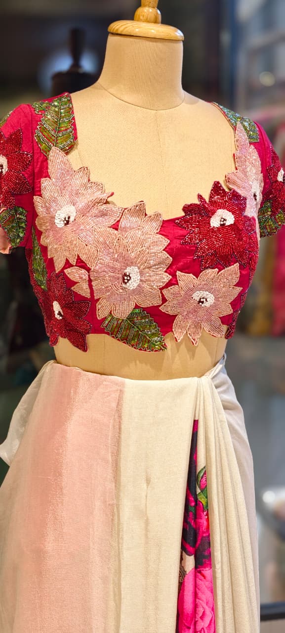 Carnival Inspired Floral Cut-Work Stitched Blouse With Digital Rose Printed Designer Ruffled Saree- 13332