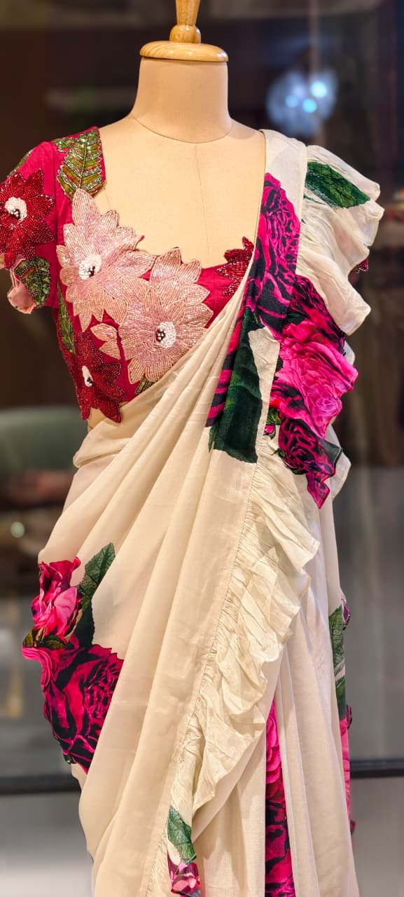 Carnival Inspired Floral Cut-Work Stitched Blouse With Digital Rose Printed Designer Ruffled Saree- 13332