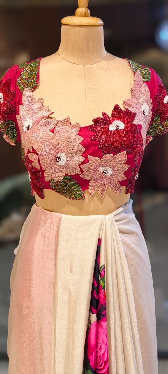 Carnival Inspired Floral Cut-Work Stitched Blouse With Digital Rose Printed Designer Ruffled Saree- 13332