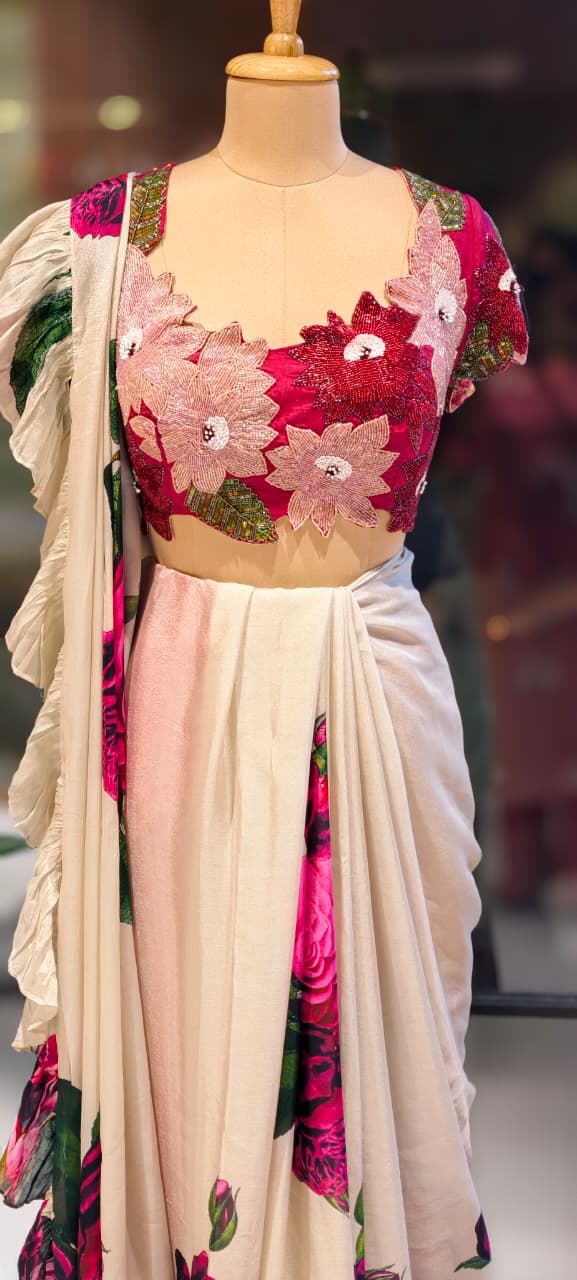 Carnival Inspired Floral Cut-Work Stitched Blouse With Digital Rose Printed Designer Ruffled Saree- 13332