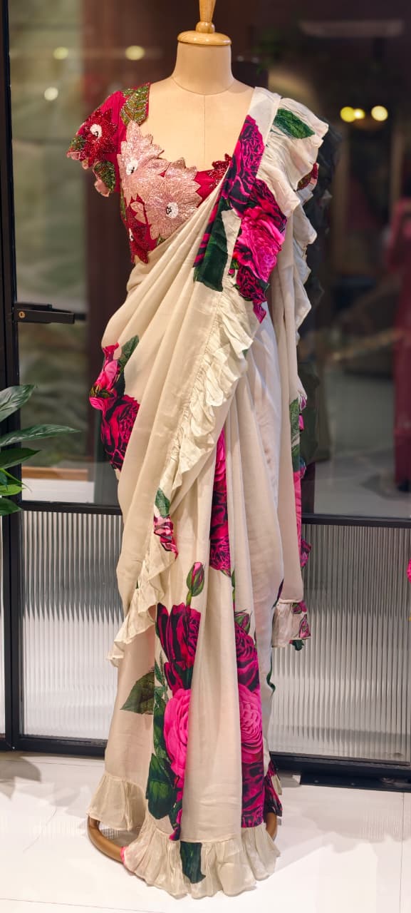 Carnival Inspired Floral Cut-Work Stitched Blouse With Digital Rose Printed Designer Ruffled Saree- 13332