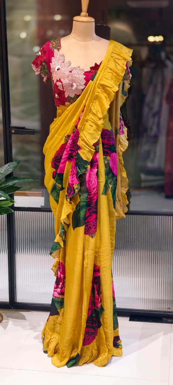 Carnival Inspired Floral Cut-Work Stitched Blouse With Digital Rose Printed Designer Ruffled Saree- 13332