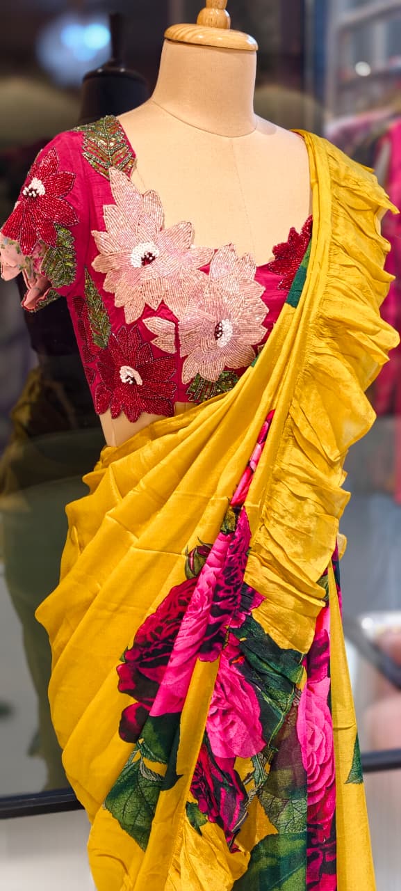 Carnival Inspired Floral Cut-Work Stitched Blouse With Digital Rose Printed Designer Ruffled Saree- 13332