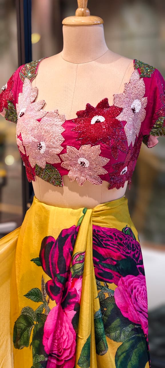 Carnival Inspired Floral Cut-Work Stitched Blouse With Digital Rose Printed Designer Ruffled Saree- 13332