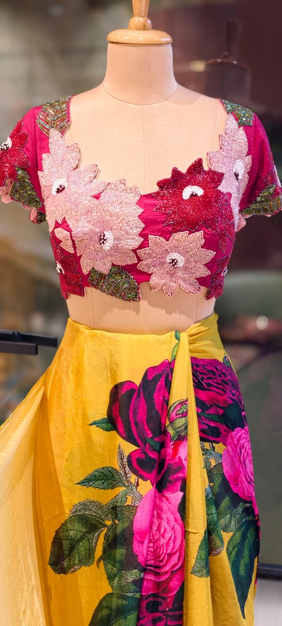 Carnival Inspired Floral Cut-Work Stitched Blouse With Digital Rose Printed Designer Ruffled Saree- 13332