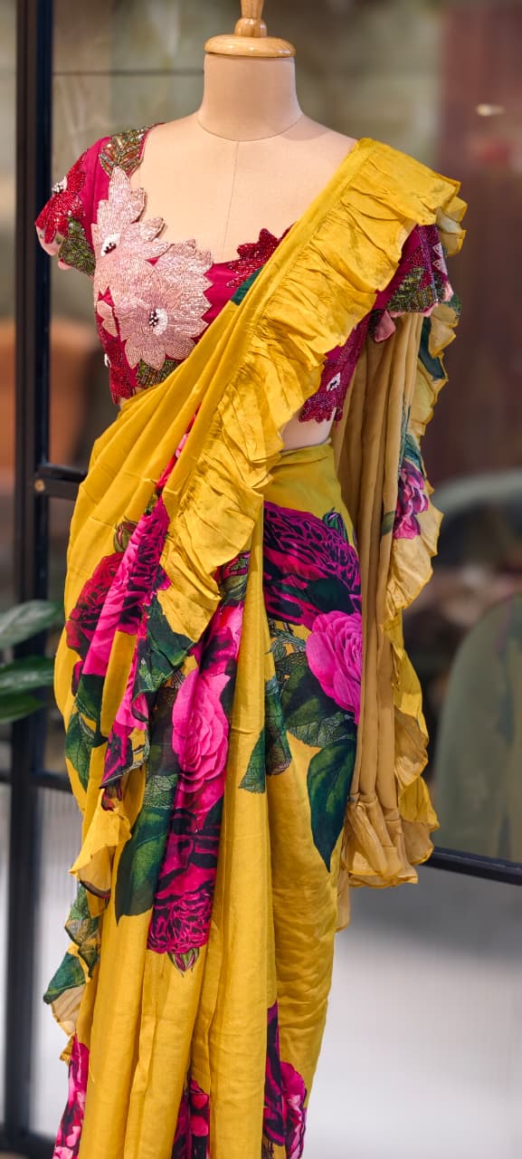 Carnival Inspired Floral Cut-Work Stitched Blouse With Digital Rose Printed Designer Ruffled Saree- 13332