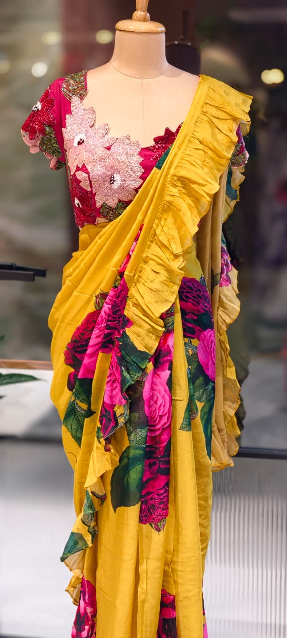 Carnival Inspired Floral Cut-Work Stitched Blouse With Digital Rose Printed Designer Ruffled Saree- 13332