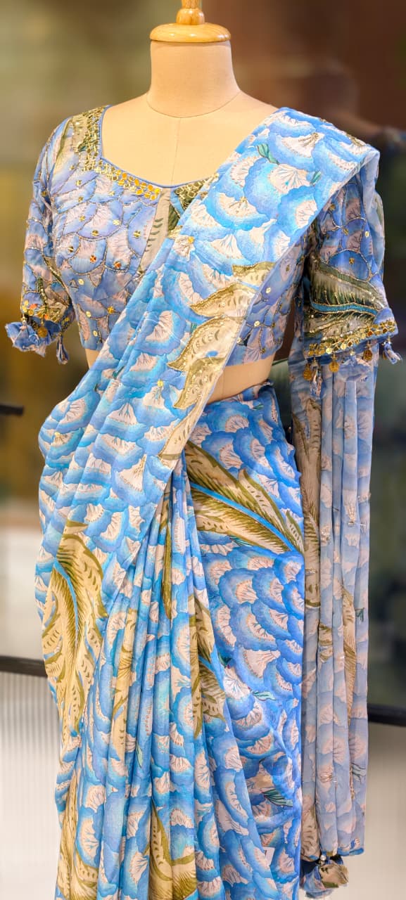 Aqua Vine Printed Designer Saree With Sequin & Cut-Dana Upwork & Stitched Blouse- 13341