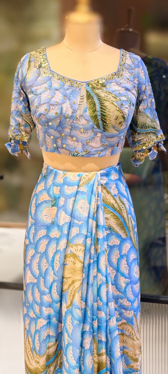 Aqua Vine Printed Designer Saree With Sequin & Cut-Dana Upwork & Stitched Blouse- 13341