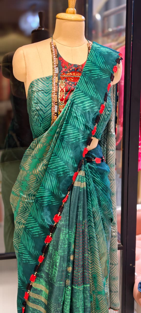 Urban Green Contemporary Printed Ethnic Bold Saree With Stylish Stitched Blouse- 13334