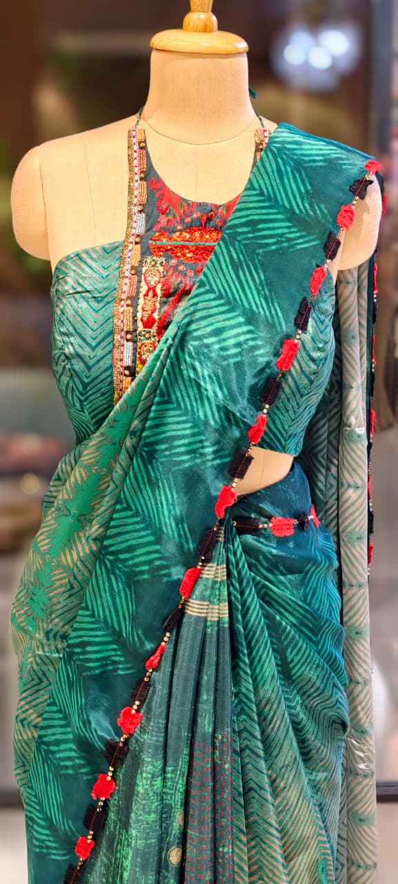 Urban Green Contemporary Printed Ethnic Bold Saree With Stylish Stitched Blouse- 13334