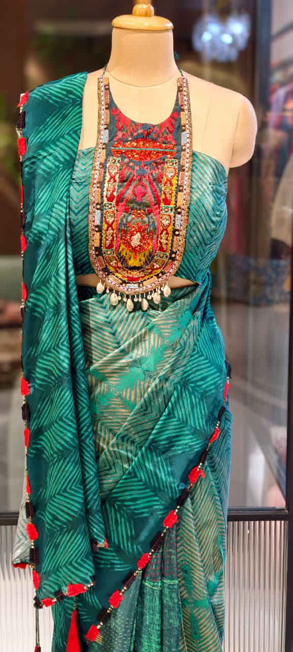 Urban Green Contemporary Printed Ethnic Bold Saree With Stylish Stitched Blouse- 13334