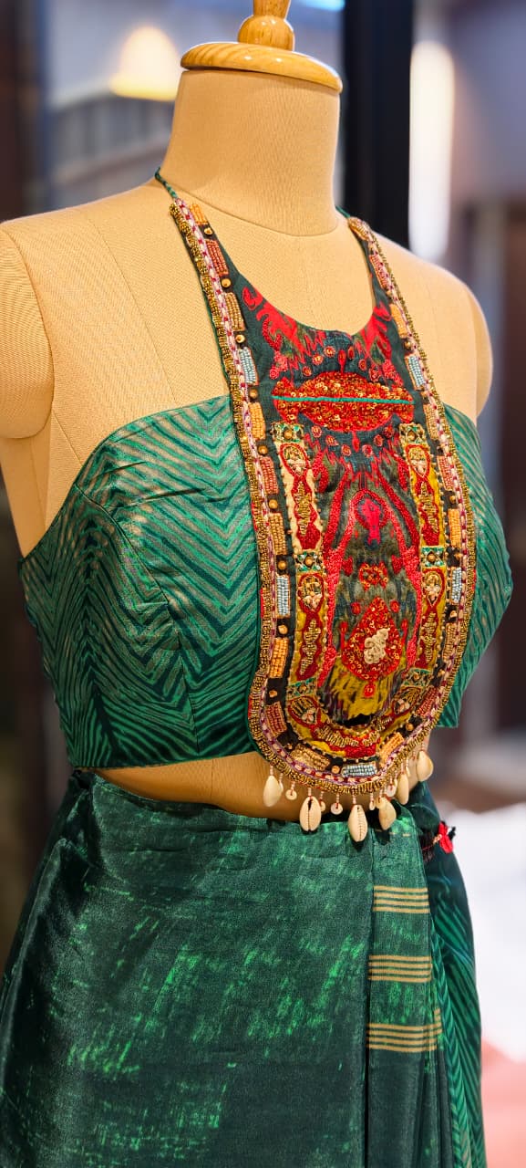 Urban Green Contemporary Printed Ethnic Bold Saree With Stylish Stitched Blouse- 13334