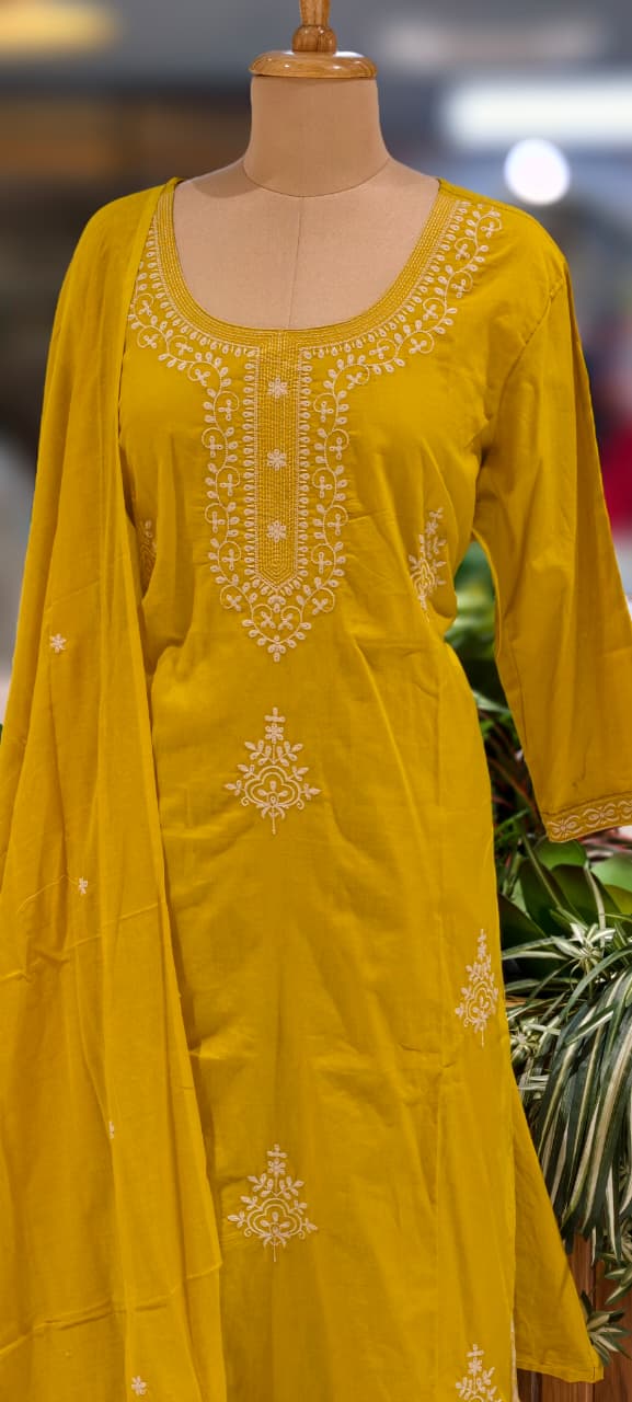 Rich Thread Embroidery Solid Cotton Straight Full Suit Set With Dupatta & Matching Bottom- 13320