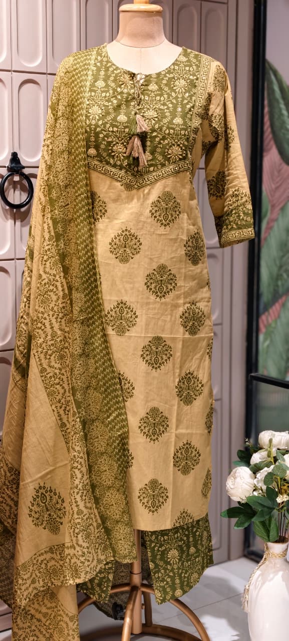 Earthy Bloom Printed Ethnic Full Suit Set With Dupatta In Cotton Fabric- 13316